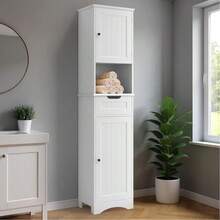 Tall Bathroom Cabinet, Narrow Column With Adjustable Shelves, Drawer, Open Compartment, Magnetic And Anti-Tip Doors, 170 X 40 X 30 Cm - trắng - Xem 5