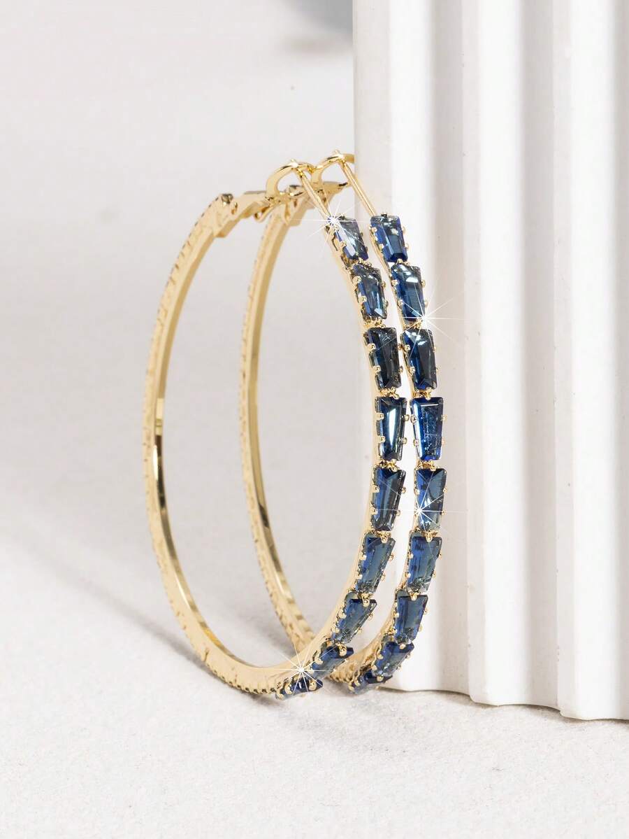 1 Đôi bông tai vòng bằng đồng thanh lịch, thời trang, đính đá Cubic Zirconia, màu đỏ, xanh lá cây, vàng, đen, thích hợp đeo hàng ngày, quà tặng cao cấp sang trọng cho các bữa tiệc. - Màu xanh hải quân - Xem 1