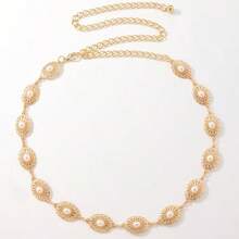 1条女士金色珍珠腰链腰带 – 复古花卉设计，可调节金属腰饰，时尚牛仔腰带，适合搭配牛仔裤和连衣裙，完美适用于日常穿着、休闲装扮和优雅时尚造型。