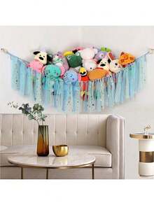 1 件毛绒填充动物悬挂式吊床网秋千，大号装饰性收纳秋千架，适用于家庭客厅卧室，可爱有趣的礼物装饰，100X100X150cm 手工针织三角吊床（不含灯）