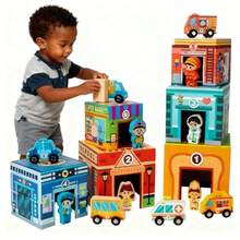 Montessori Wooden Stacking And Sorting Toys For Toddlers Community Helpers Garage Playset With Cars Numbered Nesting Blocks Educational Preschool Learning Toy For 3 4 Year Old Boys GirlsNot Only Can It Bring Enjoyment, But It Also Has Educational Value. - Multicolor - View 2