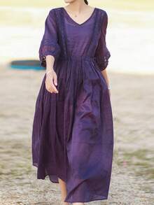 舒适时尚的极简主义七分袖V领系腰连衣裙，优雅清新 - 紫色 - 查看 1