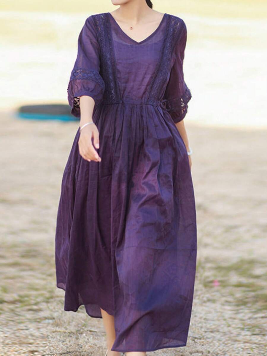 舒适时尚的极简主义七分袖V领系腰连衣裙，优雅清新 - 紫色 - 查看 1