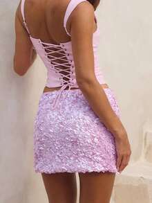 Women's Sparkly Sequin Mini Skirt Slim Fit Bodycon Rave Party Club Short Pencil Skirts - Mauve Purple - View 3