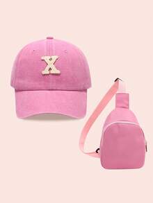 2pcs/Set Girls Letter Print Pink Baseball Cap & Bag, Boys Breathable Casual Wear Outfit For Everyday & Outdoor