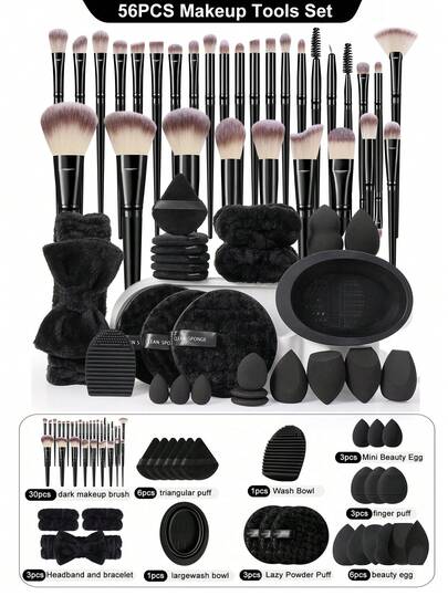 52pcs Makeup Brush Set, All-In-One Beauty Tools Kit Including Blush Brush, Powder Brush, Eyeshadow Brush, Makeup Sponge, Makeup Remover Puff, Brush Cleaning Bowl, Cosmetic Bag, Suitable For Daily Facial Makeup