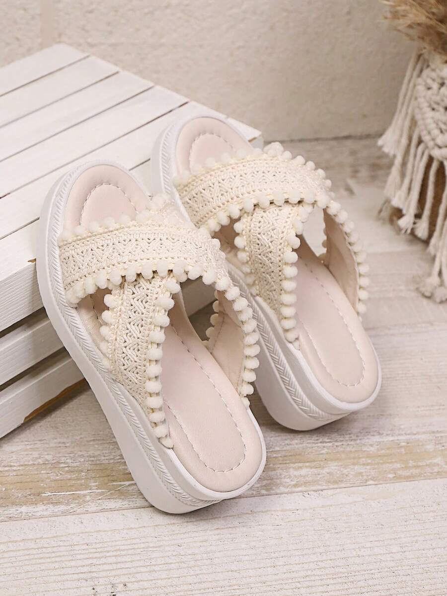 1 Pair Beige Platform Slip-On Textured Strap Chunky Sole Fashion Beach Summer Girls Sandals - Beige - View 1