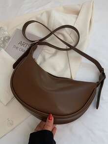 百搭时尚休闲独特设计简约纯色拉链单肩马鞍包，大容量通勤包 - 棕色 - 查看 3