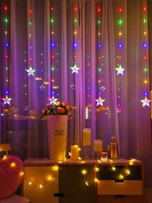 1pc 2m 82LED Cute Star Shaped Window Curtain Decor String Lights, Battery Powered Star Fairy Lights, Indoor Bedroom Wall Decor Lights, Wedding Party Holiday Decoration Lights - Clear - View 10
