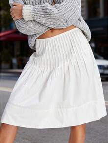 Women Y2K Pleated Midi Skirt High Waist A-Line Solid Color Long Skirt Vintage Going Out Skirts Streetwear - trắng - Xem 1