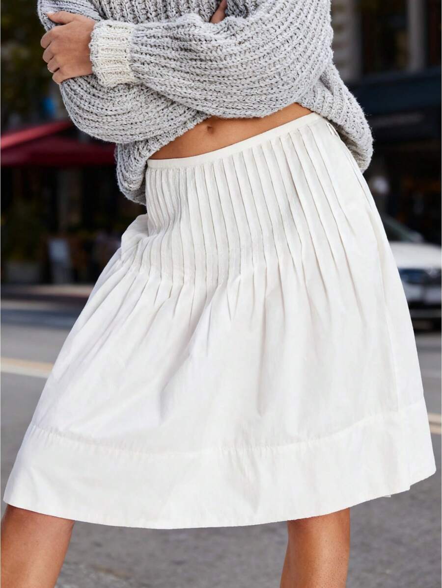 Women Y2K Pleated Midi Skirt High Waist A-Line Solid Color Long Skirt Vintage Going Out Skirts Streetwear - trắng - Xem 1