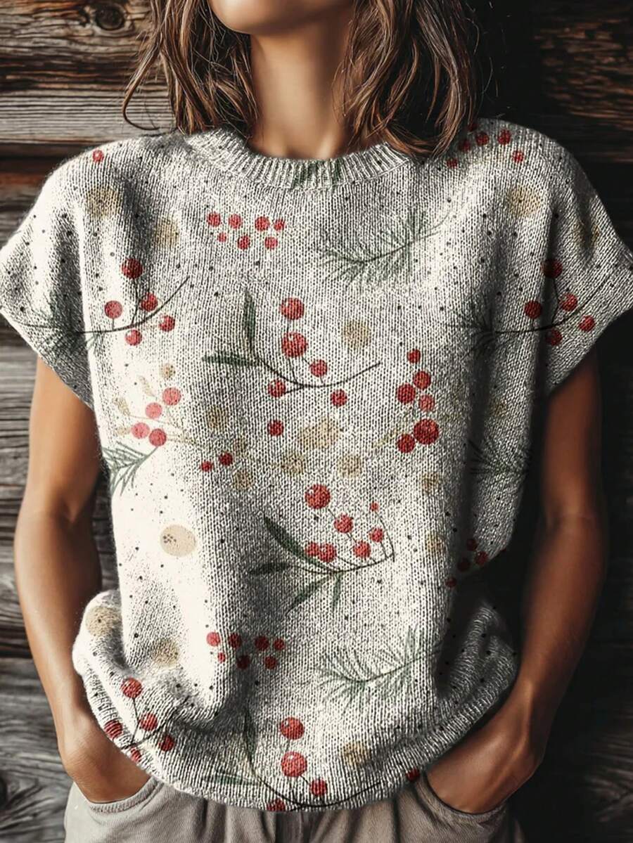 Cottagecore Berry & Leaf Print Sweater: Crewneck Short Sleeve Knit Top In Light Beige For Spring, Mother's Day Gifts And Cozy Everyday Wear For Women. - Màu sắc hỗn hợp - Xem 1