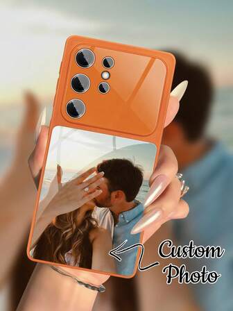 Anpassningsbart orange telefonskal, stöder personliga foton för familj, par och vänner, lämplig för Samsungs par- och familjetelefoner. Anpassningsbara foton, årsdagar, passar S25 Ultra/S24 Ultra/S23/S22/S21/S26, fullständigt kameraskydd, militärt skydd.