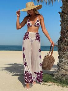Bộ bikini 3 món dành cho nữ, kiểu buộc dây cổ sau, kèm quần lưới in họa tiết, phong cách Bohemian với họa tiết hoa. - Nhiều màu - Xem 3