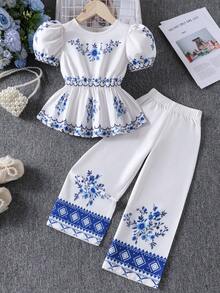 2pcs/Set Young Girl' Floral Ruffle Hem Blouse & Straight Leg Casual Pants Set, Spring/Summer - Blue and White - View 1