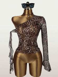 Summer Leopard Print Tops Outfit Women One Shoulder Mesh Top Going Out Outfit Country Concert Outfit Y2k Tops - Brown - View 2