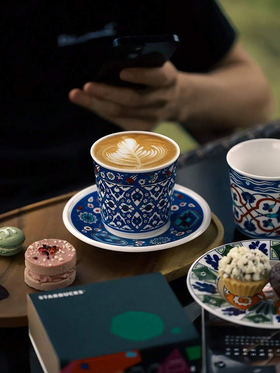 200ml Turkish Ceramic Coffee Cup & Saucer Set, Latte Art Cup, Iced Drink/Juice Cup, Suitable For Daily Use, Family Gatherings, Holidays And Birthday Gifts - Multicolor - View 1