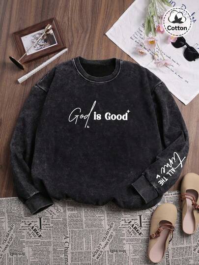 LILL 春夏女式 T 恤，印有“上帝是美好的”标语，略带弹性，修身，水洗做旧棉质黑色圆领短袖 T 恤，休闲日常 T 恤。