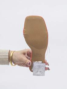 Sandalias de tacón alto con tira descubierta y cristales para mujer, de moda para fiestas en la playa, de puntera cuadrada, modelo 2026 - Naranja - Ver 7