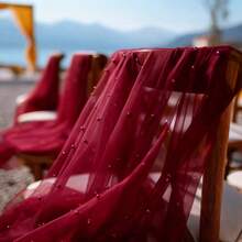 1件优雅酒红色桌旗 | 珍珠薄纱手工面料，抗皱涤纶材质，适用于圣诞节、情人节、婚礼、新娘聚会、拍照道具，是餐桌拱门装饰的完美之选 - 酒紅色 - 查看 2