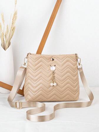 Nuevo bolso de mujer de moda con costuras en onda y decoración de perlas falsas, bolso de hombro, bolso cruzado, bolso tipo cubo, pequeño bolso cuadrado para uso diario, con correa ajustable