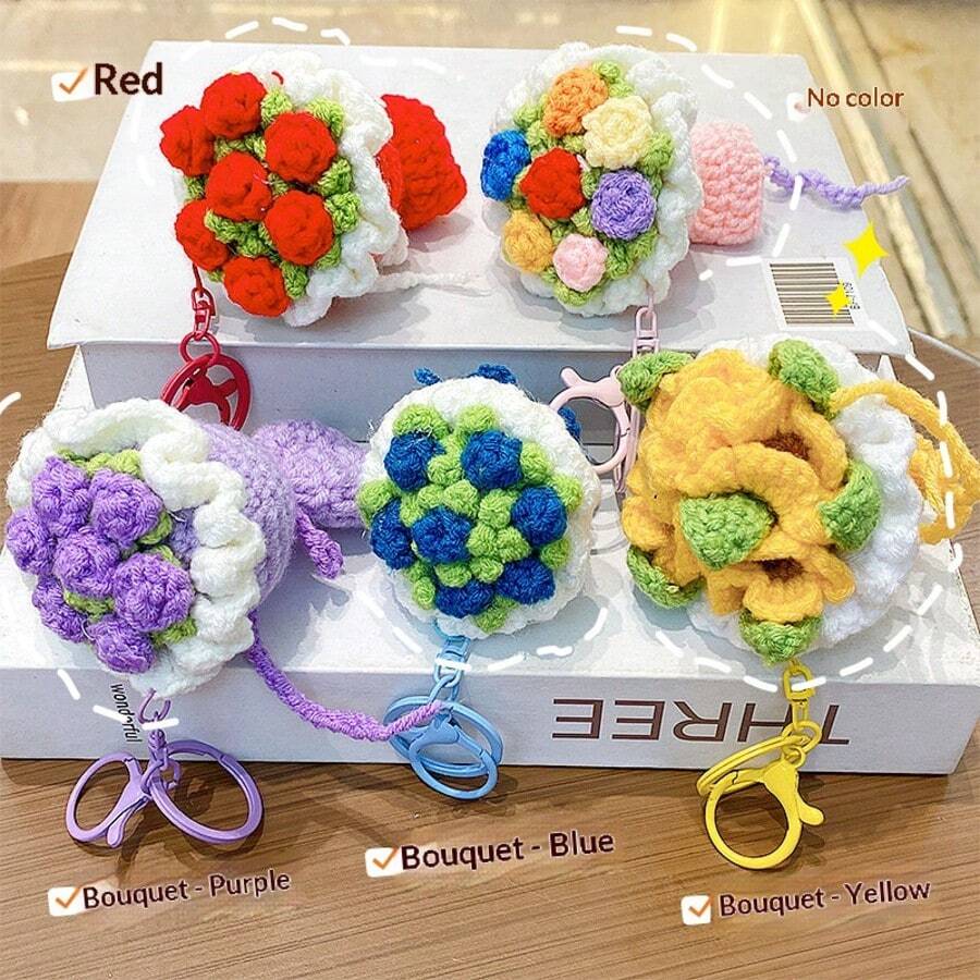 Handmade Crocheted Rose Bouquet, Creative Holiday Gift, Bag Charm, Cute, Beautiful, Fun, Birthday Gift, Floral, Cartoon, Mini Finished Bouquet Keychain, Crocheted Rose Bouquet Hanging Ornament, Holiday Souvenir Gift