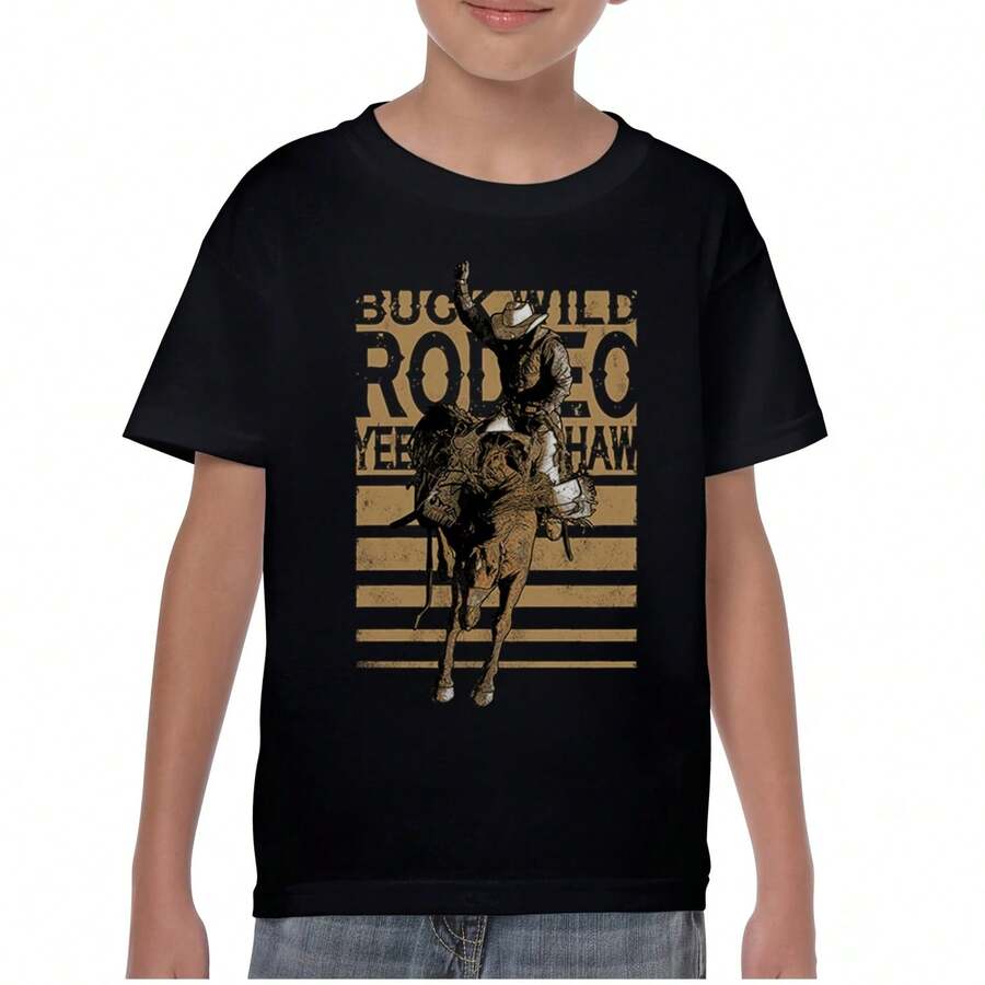 Camiseta Bronze Riding Cowboy Rodeo Youth Western Horseback Rider Kids - Negro - Ver 1