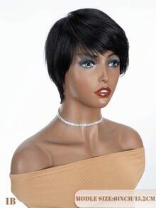 QVR QUEEN VIRGIN REMY QVR Short Straight Bobo Wig, Wear And Go, Pixie Short Hair Style, Women's Human Hair, Glue-Free Short Wig, Christmas Gift Choice. Remy Human Hair, Fully Machine Wefted, Natural Black Color, Short Hair Style, Comfortable For Daily Wear. - S1 - View 2