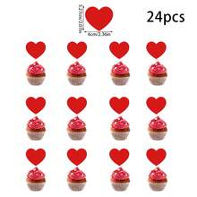 24个情人节蛋糕红色心形纸杯蛋糕装饰插片，适用于甜品桌装饰、烘焙装饰，简约浪漫的节日元素配件，派对甜点装饰道具