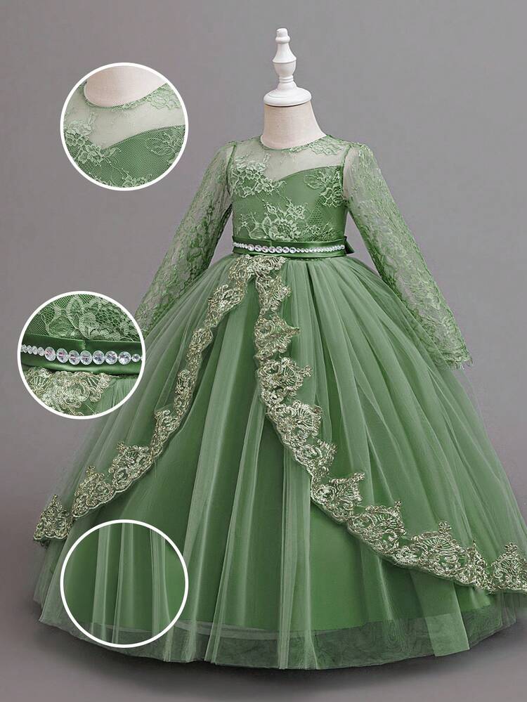 Vestido elegante de día de encaje de manga larga con bordado de malla para niñas jóvenes, adecuado para fiestas de cumpleaños, sin diadema - Verde - Añade 5