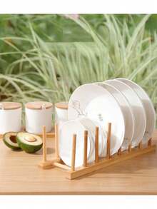 8 Grid Capacity Tableware Rack, Wooden Drainage Board, Dry Drainage Device, Storage Rack, Vertical Cabinet Tableware/Plates/Bowls/Cup Organizer - Apricot - View 2