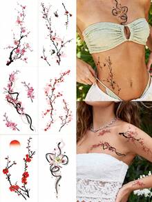 6 PIEZAS Tatuajes temporales de combinación con tinta de fusión de color, diseño de flor de ciruelo y loto, tatuajes falsos para DIY, carnaval, San Valentín, fiestas y festivales, adecuados para muñeca, tobillo, hombro, cuello, clavícula, pecho, abdomen y espalda - Multicolor - Ver 1