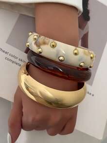 1pc Bohemian Geometric Arc Circle Rivet Resin Cuff Bracelet, Luxurious Casual Party Couple Wedding Holiday Versatile Charm Resin Bracelet Gift (Slight Defects And Color Variations In The Resin Are Normal) - Bracelet - View 1