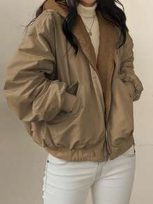 Women's Reversible Oversize Faux Shearling Lined Hooded Jacket Winter Y2K 2 Way Wear Padded Coat - 卡其色 - 查看 2