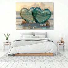 [2D Flat Canvas Wall Art] Bathroom Art Wall Decor 1Pc Framed Ready To Hang 2D Flat Bubble-Accented Teal Heart Canvas Wall Art, Prints, Posters, Mural, Wall Decor, Room Decor Aesthetic, Wrapped Framed Canvas Print, Home Decor, Living Room Office Decor, Canvas Artwork For Playful Spaces, Easy Hang, Suitable For Adults Who Prefer Whimsical Nature & Heart Designs, Perfect For Living Room, Bathroom, Office Decor Canvas Wrapped Inner Frame() - 白色 - 查看 4