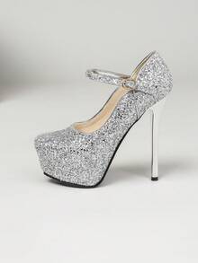 时尚新款 5.5 英寸（14 厘米）女士高跟鞋，四季皆宜的细高跟鞋，加厚防水台，单带扣超高跟鞋，银色闪亮亮片圆头鞋，模特展示，适合宴会、派对、约会、舞会和婚礼。 - 銀色 - 查看 12