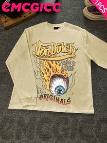 EMCGICC Y2k Long Sleeve Shirt, Urban Art Punk Graphic T-Shirt Cotton 250g, Preppy Lettering Fashion Hip Hop Men's Long Sleeve T-Shirt, Fun Vintage Shirt, Regular Fit, Motocore Street Style, Digital Print, Ideal Gift - 杏色 - 查看 1