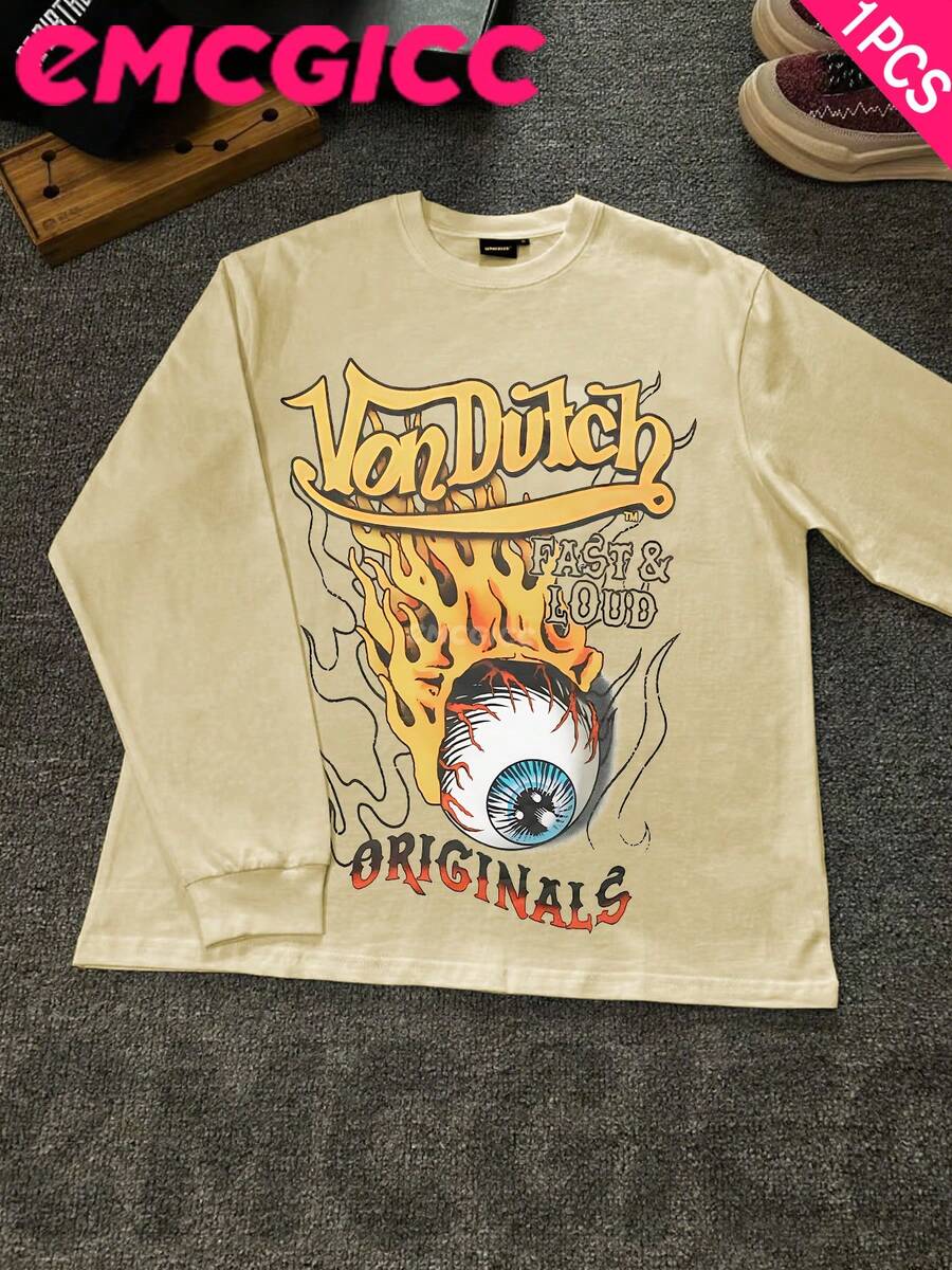 EMCGICC Y2k Long Sleeve Shirt, Urban Art Punk Graphic T-Shirt Cotton 250g, Preppy Lettering Fashion Hip Hop Men's Long Sleeve T-Shirt, Fun Vintage Shirt, Regular Fit, Motocore Street Style, Digital Print, Ideal Gift - 杏色 - 查看 1