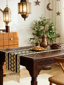 1 Piece Middle Eastern Islamic Style Geometric Zigzag Woven Table Runner, Black/White/Yellow Pattern With Fringed Edge, Durable Woven Material Table Decor, Ideal For Ramadan Festival & Traditional Dining Room, Matching With Carved Wooden Table & Copper Tea Set To Create Rich Cultural Atmosphere - Multicolor - View 4