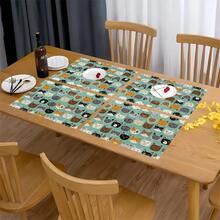 1/4/6/8/12 Peças Jogos Americanos Laváveis Impressos com Padrão de Gato, Protetores de Superfície de Mesa, Tapetes de Mesa de Jantar Interno e Externo, Adequados para Festas de Feriados, Cozinha e Jantar