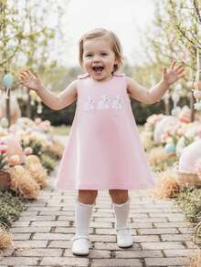 Vestido de conejo de Pascua sin mangas para bebé y niña pequeña con bordado de conejo, conjunto de fotos familiares de primavera para bebé - Rosa - Ver 5