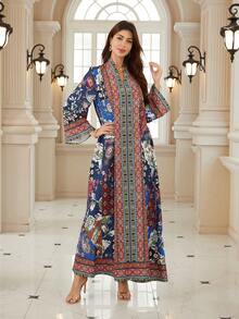 Elegant Women's Notched Neck Long Sleeve Bohemian Print Dress, Made Of Soft Fabric, Showcasing A Vibrant Bohemian Style - BX05 - View 6