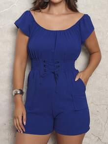 Women's Jumpsuit With Eyelets, Short Sleeves, Elastic Waistband, Perfect Fit, Side Pockets, Elegant, For Parties, End Of Year, Fabric, Pockets, Belt, Knot, Vacation, Holiday, Travel, Spring/Summer - 藍色 - 查看 4