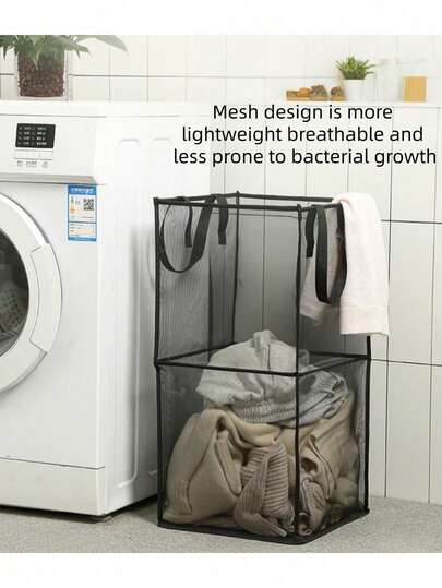 1pc Minimalist Collapsible Laundry Basket With Handles Polyester Blend Rectangular Mesh Storage Organizer For Laundry Room Foldable Dirty Clothes Hamper With Dual-Layer Design