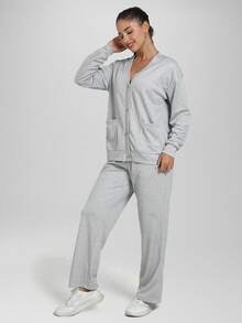 CZRLHYT Women's Casual Solid Color Top And Pants 2 Pieces Set Grey Two Pieces Set Long Sleeve Sweatshirt And Loose Casual Pants Autumn Winter Fall Cloth For Women - Light Grey - View 5