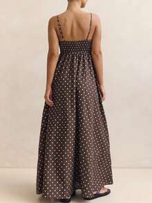 Women's Polka Dot Vest Dress With Open Back And Thin Straps Elegant Long Summer Vacation Dress Flowing Slip Dress - 巧克力棕 - 查看 5