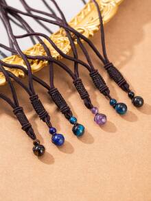 Adjustable Braided Cord Necklace With Round Black Obsidian & Purple Tiger Eye Crystal Pendant, Unisex Natural Crystal Bead Chakra Necklace - Multicolor - View 9