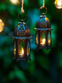 2个小型黑色摩洛哥风格蜡烛灯笼，迷你茶蜡烛台，带透明玻璃面板，非常适合庭院、室内/室外、活动、斋月、派对和婚礼、斋月礼物、生日、毕业典礼、开斋节等场合。 - 彩色 - 查看 5