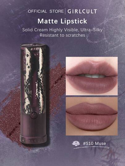 GIRLCULT 哑光唇膏，丝绒哑光质地，S10 Muse，丝滑柔润，轻盈舒适，柔焦哑光妆效，显色度高，持久不脱妆，不拔干，打造戏剧性妆容，日常妆容，特殊场合妆容，艺术设计，青春活力，3.5克/0.12盎司。
