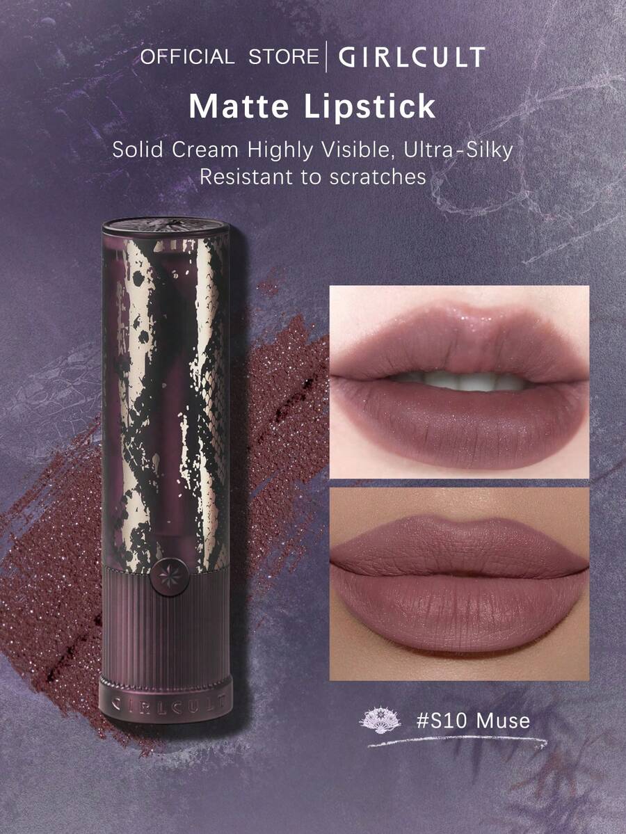GIRLCULT 哑光唇膏，丝绒哑光质地，S10 Muse，丝滑柔润，轻盈舒适，柔焦哑光妆效，显色度高，持久不脱妆，不拔干，打造戏剧性妆容，日常妆容，特殊场合妆容，艺术设计，青春活力，3.5克/0.12盎司。